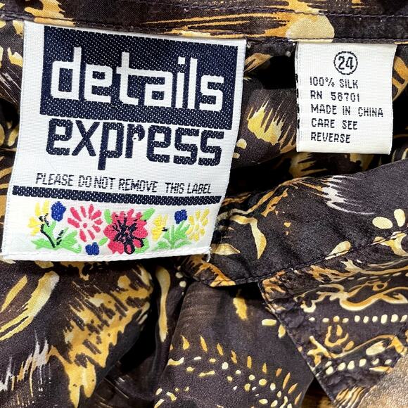 Details Express Plus Size 24 Shirt 100% Silk Button Front Floral Artsy Gray Gold - Picture 7 of 10